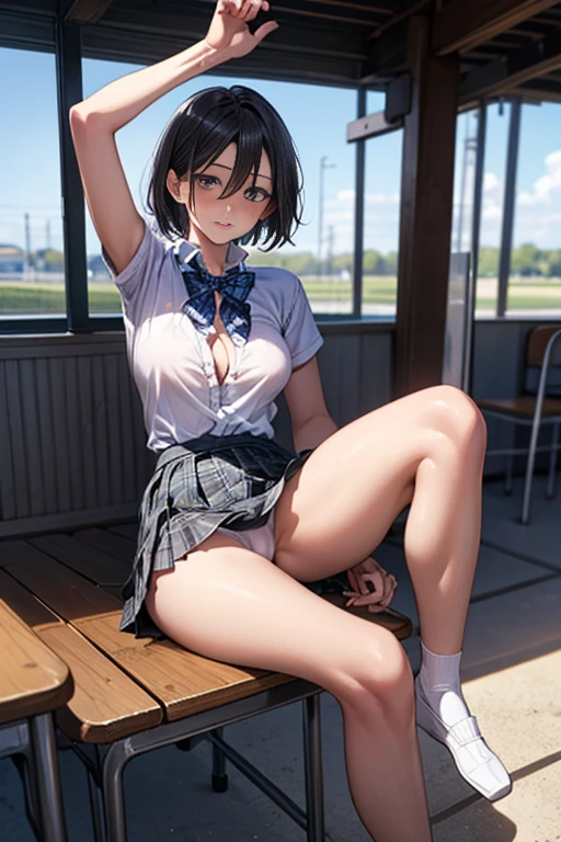 (masterpiece:1.2, highest quality), (realistic, photorealistic:1.4), beautiful illustrations,
looking at the viewer, whole body, Front view:0.6,
1 girl, Japanese, high School girl, ((ultra-short hair:1.5)), blown hair, bangs, hair between eyes, big breasts:0.8,
beautiful hair, beautiful face, beautiful and detailed eyes, beautiful clavicle, beautiful body, beautiful breasts, beautiful thighs, beautiful feet, beautiful fingers,
(beautiful scenery), , School,
(( Grey plaid pleated skirt, Blue plaid bow tie)), white panties,
(Are sitting with knees up , lift the skirt, Grab the hem of the skirt, open legs、raise her arms and show her armpit),
blush, Fleshy thighs,cameltoe、カエル座り