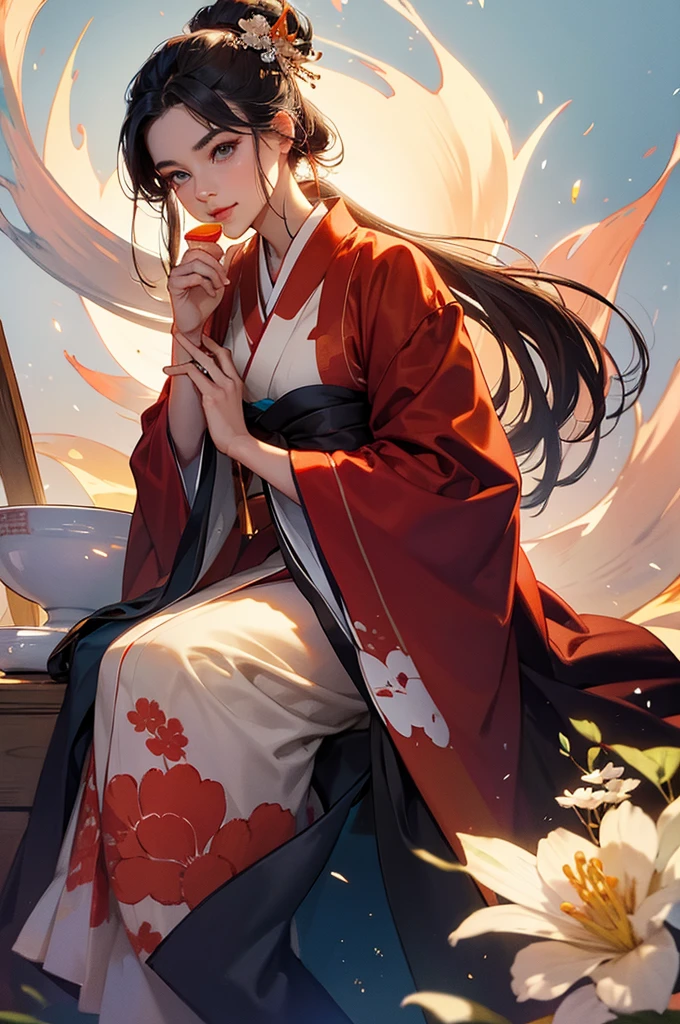 A large image of a beautiful woman in a kimono holding a transparent cup in her hand