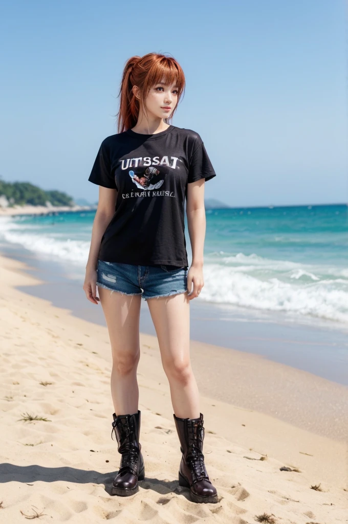 kasumi, eyes browns, Red hair, (best qualityer, ultra detail), (realisitic:1.37), beautiful and detailed face, ultra-realisitic texture, 精致的面容, Delicate body, red lipgloss stick, shiny colors. High definition, 8k. Um leve, beautiful smiling
