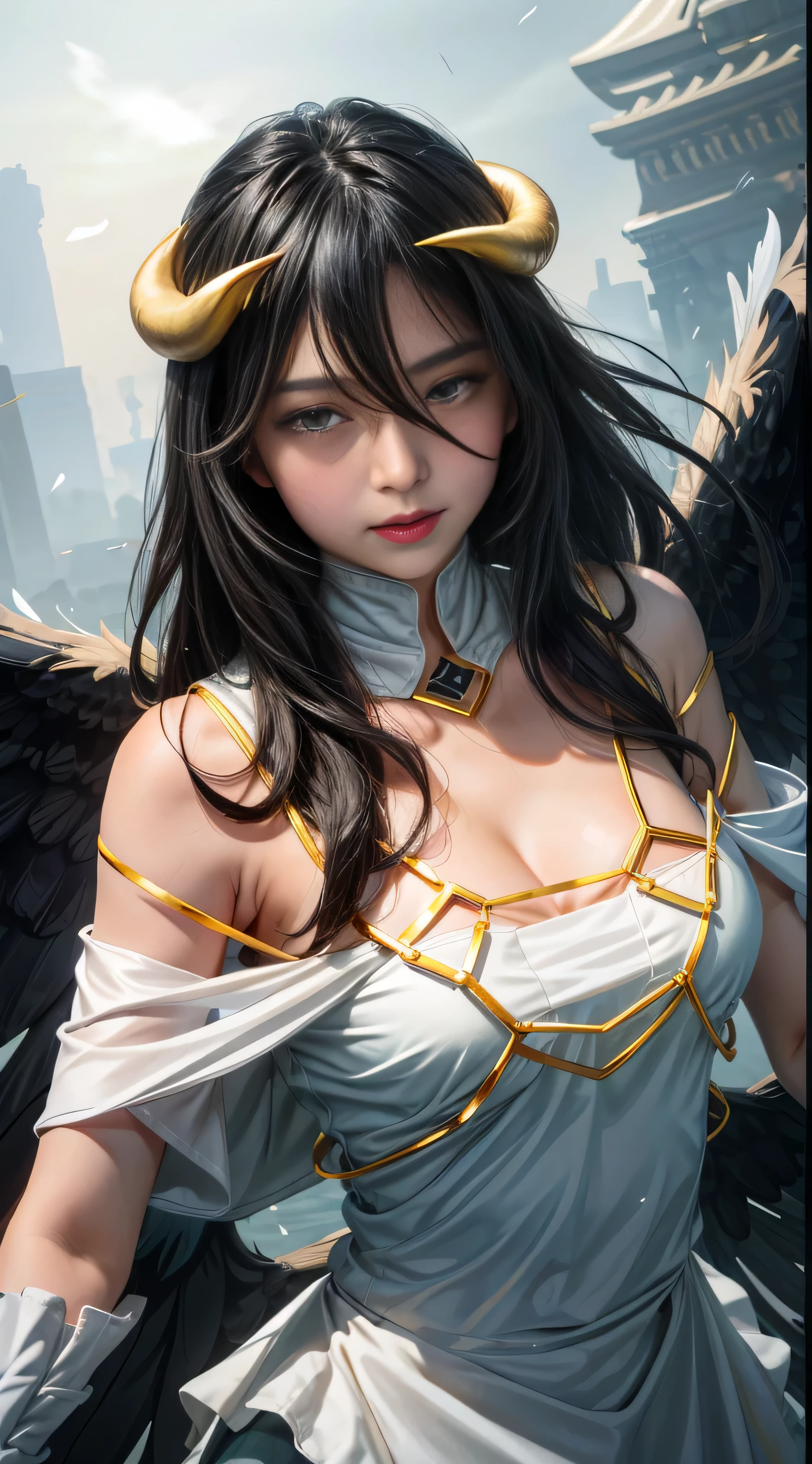 Masterpiece, Best quality, Ultra-detailed, illustration, epic lighting, Cinematic composition, isometry,(hexagons:1.2), 1girll, Horns, Solo, Yellow eyes, Black hair, Long hair, (Low wing:1.2), Large cleavage, Bare shoulders, hair between eye, Medium breasts, (White dress:1.1), Golden decoration, Detached collar, view the viewer, Semi-closed Eyes, (view the viewer:1.1), parted lip, Blush, Black feathers fall, Arena, particle fx, (8K:1.1), blushing face 