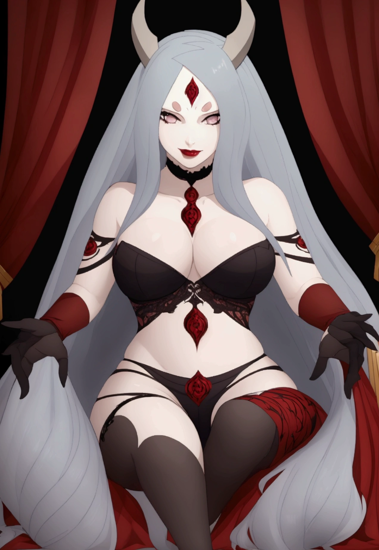 very low camera angle on the floor looking up , low angle, view from the bottom ,Capture the essence of dark allure and devilish elegance in a breathtaking masterpiece of anime art. Entre no mundo de Charlie Morning Star, a seductive villain dressed in red lingerie, adorned with horns and long fangs , and sporting a demon tail. with an imposing presence, She looks at the viewer, exuding an aura of sinister charm. Your bare feet, delicately painted with black enamel, extend with a tempting grace, embodying the essence of evil princesses and demonic goddesses. This luxurious scene unfolds in the opulent confines of a high-end hotel room, where Charlie is sitting on the edge of the bed, your feet slowly raised, inviting admiration. Through meticulously detailed 4K rendering, every aspect of this demonic sorceress, from her sensual pose to the intricate details of her feet, comes to life with incomparable artistry. Experience the allure of the supernatural in a mesmerizing composition that elevates the succubus archetype to new heights, drawing viewers in with a mesmerizing mix of beauty and danger."