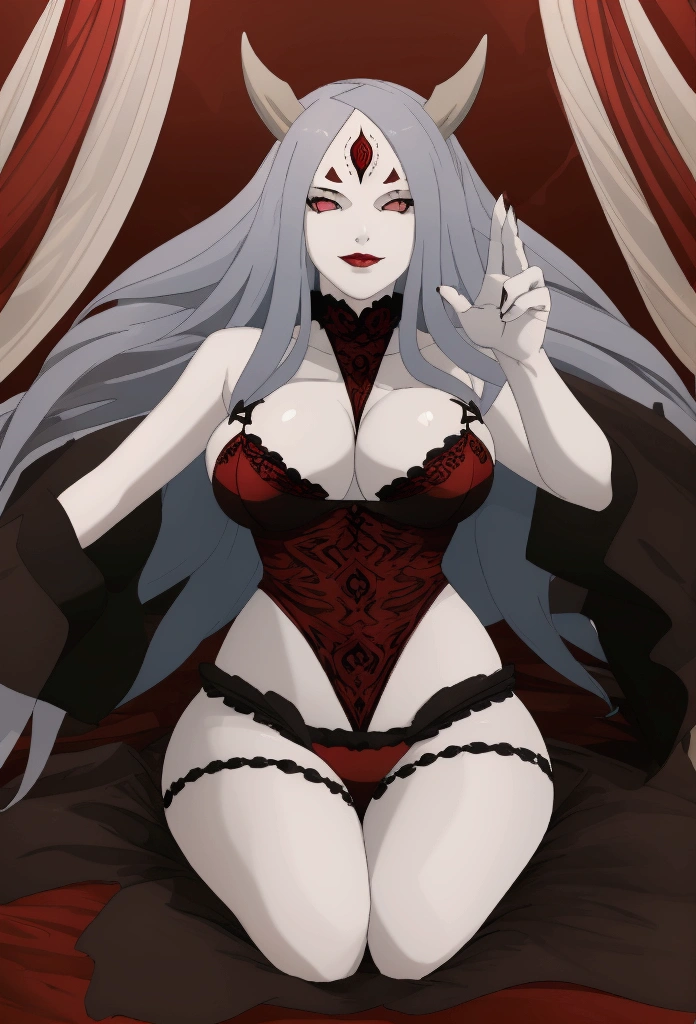 very low camera angle on the floor looking up , low angle, view from the bottom ,Capture the essence of dark allure and devilish elegance in a breathtaking masterpiece of anime art. Entre no mundo de Charlie Morning Star, a seductive villain dressed in red lingerie, adorned with horns and long fangs , and sporting a demon tail. with an imposing presence, She looks at the viewer, exuding an aura of sinister charm. Your bare feet, delicately painted with black enamel, extend with a tempting grace, embodying the essence of evil princesses and demonic goddesses. This luxurious scene unfolds in the opulent confines of a high-end hotel room, where Charlie is sitting on the edge of the bed, your feet slowly raised, inviting admiration. Through meticulously detailed 4K rendering, every aspect of this demonic sorceress, from her sensual pose to the intricate details of her feet, comes to life with incomparable artistry. Experience the allure of the supernatural in a mesmerizing composition that elevates the succubus archetype to new heights, drawing viewers in with a mesmerizing mix of beauty and danger."