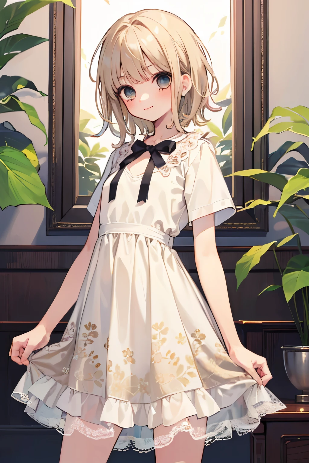 (1boy:1.3),((独奏:1.25)),(Small breasts,Flat chested:1.0),(beige  hair:1.2),(medium hair:1.1),(twilight eyes:1.2),((White lace,botanical pattern dress:1.2)),short sleeve,short hem clothes,open your mouth,kiss face,(Shy smile:1.15).