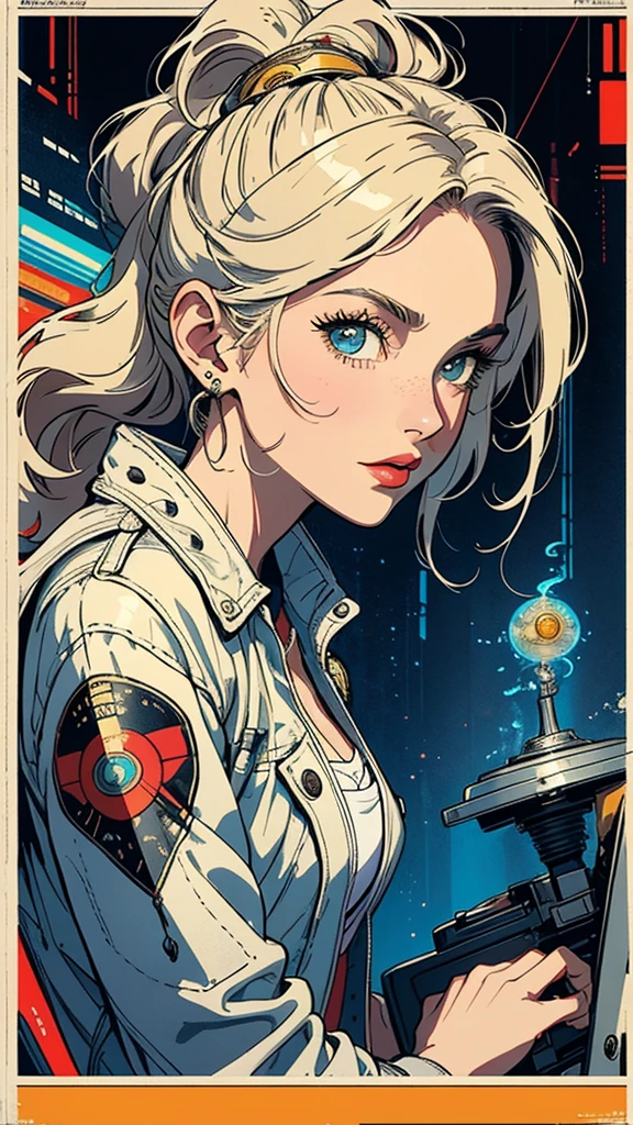 (((masterpiece, highest quality))),(((solo:1.2))),(((1girl:1.2))),32k wallpaper, very detailed, vintage science fiction,(((((retro vintage movie poster))))), (bauhaus),(((abstract))),(mid century modern),(((((portfolio))))),(((((Close-up))))),(((((bust up))))),((((more various angle)))),(((highlight))),Vast landscape,((((heterochromia)))),(((complete detailed face))),(((Riders jacket))),(((most complecated machine))),Colorful color scheme,Cleavage,70s,80s