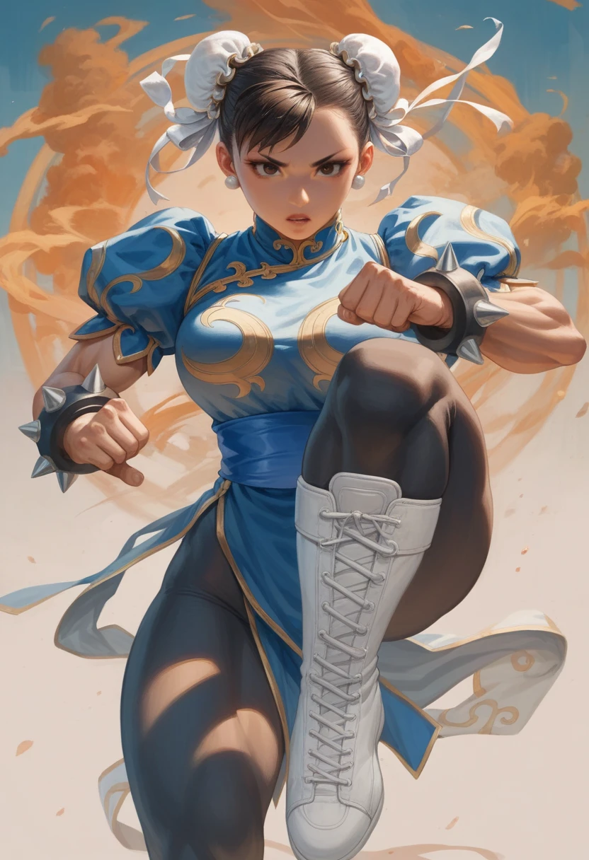 Arafe woman chun-li solo with ponytail hair、Fighting Game Fightetness Model、Big breasts about to burst、No exposed skin、thin and long legs,、Fitness Body Shape、Pose ready to fight、battle look, close up 