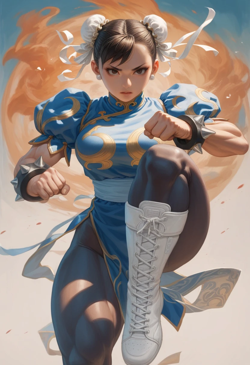 Arafe woman chun-li solo with ponytail hair、Fighting Game Fightetness Model、Big breasts about to burst、No exposed skin、thin and long legs,、Fitness Body Shape、Pose ready to fight、battle look, close up