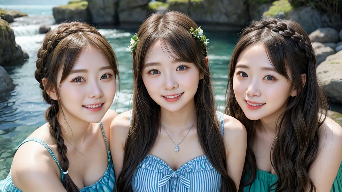 ( 3 girls),smile、Look into the camera、Diamond necklace、long hair braid (Chest island dress), exposed upper arms、Blue-green striped knee-length socks Extra long twin tail hair、close range shooting、Flower Hair Ornaments、Blindfold、Garter、 Masterpiece, Highest quality, 8ก, beautiful girl, young face、 photography, Cute face, thigh,waterfall,、รอยsmile、small waist,(((The chest is erect.:1.0)))(((round chest:1.0)))(((big breasts:1.2)))