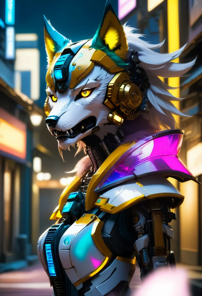 a portrait of a mechanical creature (( mechanical female, anthro wolf: 1.5), ((full body: 1.5)), ((anatomically correct: 1.5)), (ultra detailed face: 1.2), looking feral, looking dangerouse,  yellow eyes. dynamic fur color, glowing eyes, wearing mech armor, dynamic armor color, delicate armor, wearing high heeled boots, cyberpunk street background, vibrant, Ultra-high resolution, High Contrast, (masterpiece:1.5), highest quality, Best aesthetics), best details, best quality, highres, 16k, (ultra detailed: 1.5), masterpiece, best quality, (extremely detailed) RAW, (ultra details, Masterpiece, best quality),MechanicusStyleAI, Hyperrealism style, anime