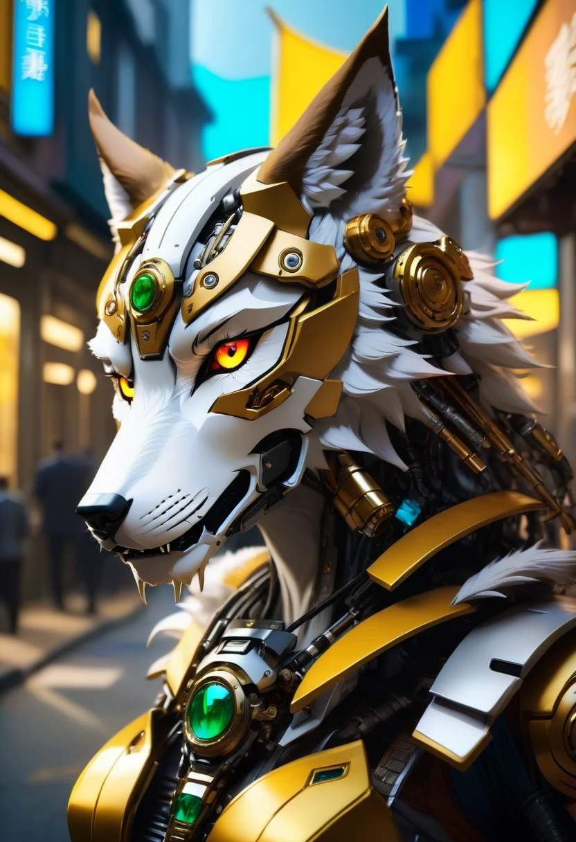 a portrait of a mechanical creature (( mechanical female, anthro wolf: 1.5), ((full body: 1.5)), ((anatomically correct: 1.5)), (ultra detailed face: 1.2), looking feral, looking dangerouse, yellow eyes. dynamic fur color, glowing eyes, wearing mech armor, dynamic armor color, delicate armor, wearing high heeled boots, cyberpunk street background, vibrant, Ultra-high resolution, High Contrast, (masterpiece:1.5), highest quality, Best aesthetics), best details, best quality, highres, 16k, (ultra detailed: 1.5), masterpiece, best quality, (extremely detailed) RAW, (ultra details, Masterpiece, best quality),MechanicusStyleAI, Hyperrealism style, anime
