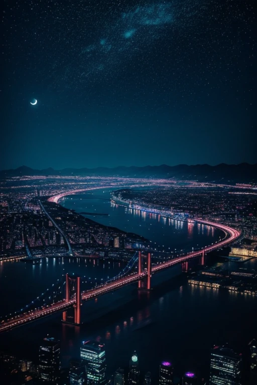 highest quality、Landscape painting、Neon lights in the city、Starry Sky、moon