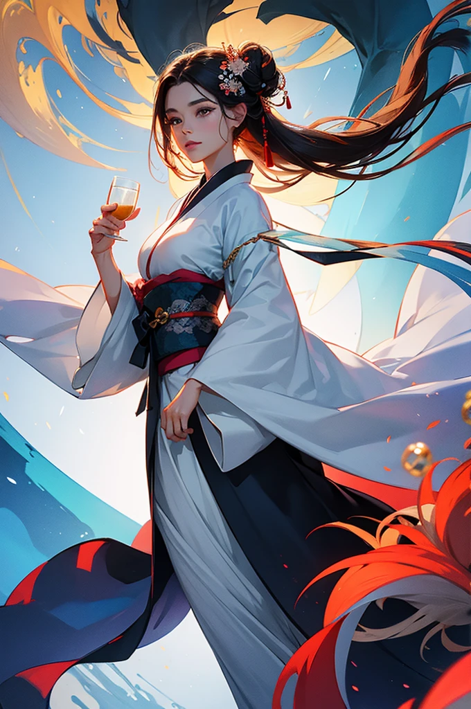 A large image of a beautiful woman in a kimono holding a transparent cup in her hand