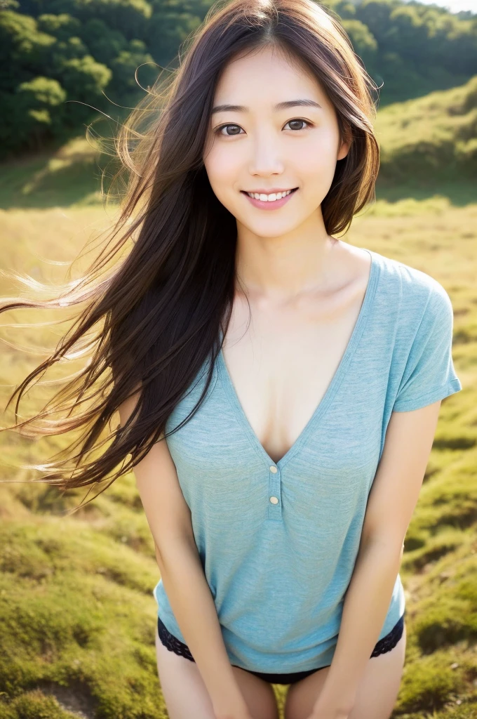 (((One girl,alone))),(Highly realistic photos, High resolution, Detailed face, Beautiful Eyes) Japanese women, 30 years old, Cute Face, Nice body, Medium chest, ,Hairstyle, Healthy Body,Thighs、turn over、Depth of written boundary,panties、Narrow eyes,Light Smile、Wind、It's raining a little、Body like a model、shirt、Thong、Waterfront、Dark Shadow、Dark Sky、Sit down and spread your legs