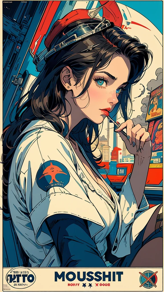 (((masterpiece, highest quality))),(((solo:1.2))),(((1girl:1.2))),32k wallpaper, very detailed, vintage science fiction,(((((retro vintage movie poster))))), (bauhaus),(((abstract))),(mid century modern),(((((portfolio))))),(((((Close-up))))),(((((bust up))))),((((more various angle)))),(((highlight))),Vast landscape,((((heterochromia)))),(((complete detailed face))),(((Smoke a cigarette))),(((most complecated machine))),Colorful color scheme,Cleavage,70s,80s