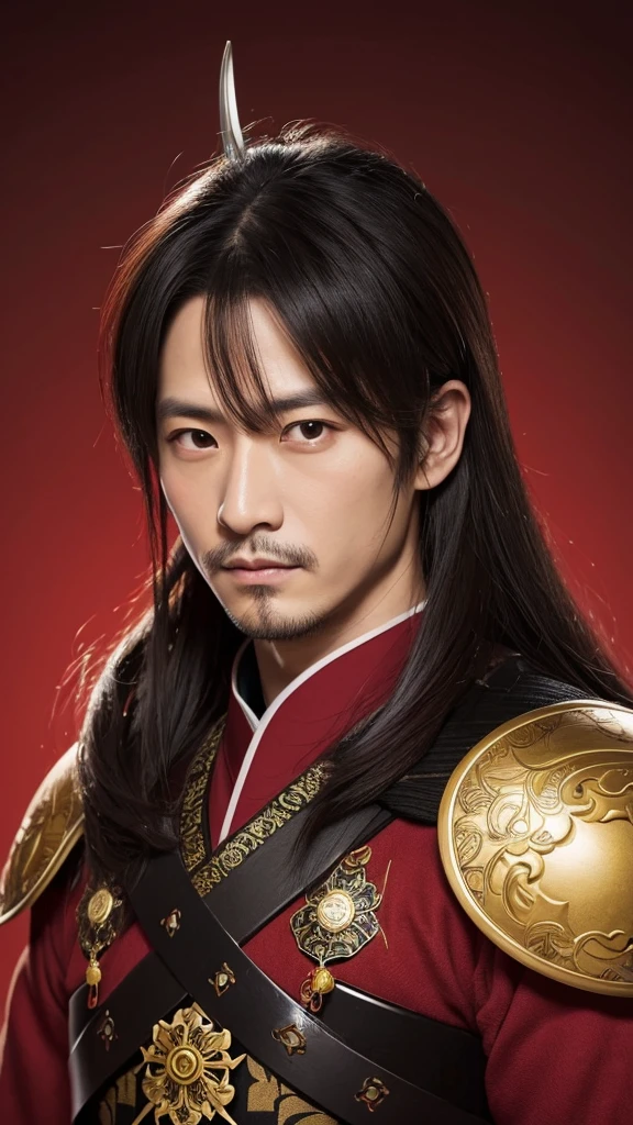 「Traditional portrait of Oda Nobunaga、With detailed armor and richly decorated background、Having a dignified expression。」