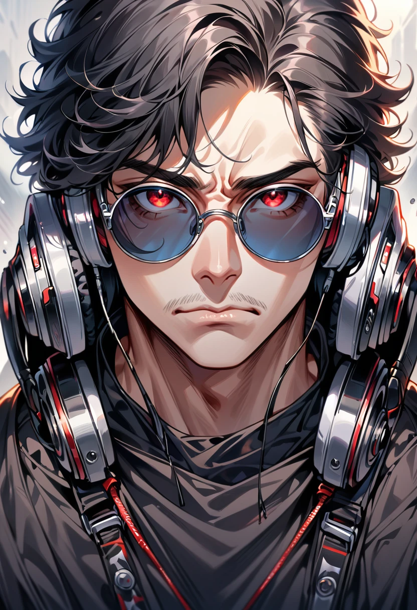 Adult, male, mature, scruffy black hair, short black hair, red eyes, hipster clothes, round tinted sunglasses, headphones, apathetic indifference, Masterpiece, Accurate, Best Quality, Detail, High Details, Quality, Super Detailed, High Quality, Anatomically Correct, close up, face shot, tilted head, looking at viewer