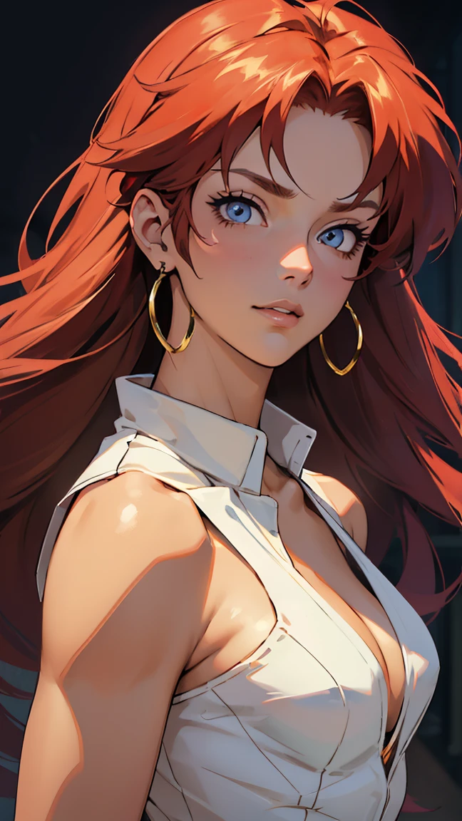 ((masterpiece, Highest quality; 1.3)), Great quality, Beautiful details, Very detailed, Ultra-fine, 16K, Exquisite, Absurd, High resolution, Beautiful background, Detailed Background, Beautiful Eyes, Beautiful Skin, Anime Style, 1 girl,cowboy shot,Dirty Pair&#39;s Kei,NUDE, naked,Naked、 Bushy red-haired beauty,  Narrow waist , Narrow waist, Thin thighs, Thin legs, Slim legs. Thigh Gap, Showing pussy, nipples,skinny, Small waist, Cyberpunk City Background, Holding a retro space gun, head band, 