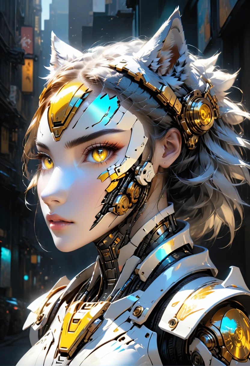 a portrait of a mechanical creature (( mechanical female, anthro wolf: 1.5), ((full body: 1.5)), ((anatomically correct: 1.5)), (ultra detailed face: 1.2), looking feral, looking dangerouse,  yellow eyes. dynamic fur color, glowing eyes, wearing mech armor, delicate armor, wearing high heeled boots, cyberpunk street background, vibrant, Ultra-high resolution, High Contrast, (masterpiece:1.5), highest quality, Best aesthetics), best details, best quality, highres, 16k, (ultra detailed: 1.5), masterpiece, best quality, (extremely detailed) RAW, (ultra details, Masterpiece, best quality),MechanicusStyleAI, Hyperrealism style, anime