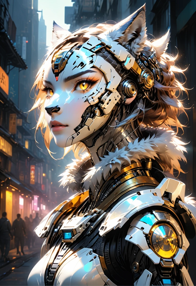 a portrait of a mechanical creature (( mechanical female, anthro wolf: 1.5), ((full body: 1.5)), ((anatomically correct: 1.5)), (ultra detailed face: 1.2), looking feral, looking dangerouse,  yellow eyes. dynamic fur color, glowing eyes, wearing mech armor, delicate armor, wearing high heeled boots, cyberpunk street background, vibrant, Ultra-high resolution, High Contrast, (masterpiece:1.5), highest quality, Best aesthetics), best details, best quality, highres, 16k, (ultra detailed: 1.5), masterpiece, best quality, (extremely detailed) RAW, (ultra details, Masterpiece, best quality),MechanicusStyleAI, Hyperrealism style, anime