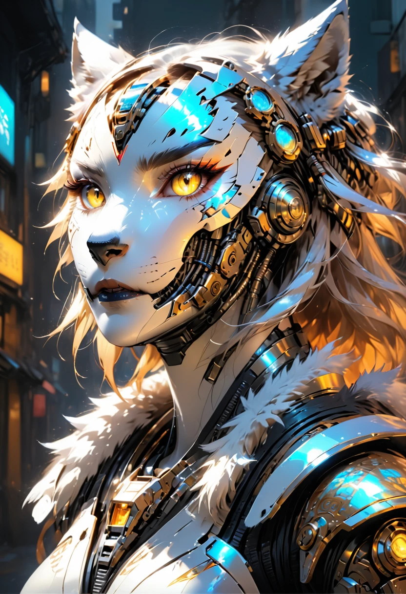 a portrait of a mechanical creature (( mechanical female, anthro wolf: 1.5), ((full body: 1.5)), ((anatomically correct: 1.5)), (ultra detailed face: 1.2), looking feral, looking dangerouse,  yellow eyes. dynamic fur color, glowing eyes, wearing mech armor, delicate armor, wearing high heeled boots, cyberpunk street background, vibrant, Ultra-high resolution, High Contrast, (masterpiece:1.5), highest quality, Best aesthetics), best details, best quality, highres, 16k, (ultra detailed: 1.5), masterpiece, best quality, (extremely detailed) RAW, (ultra details, Masterpiece, best quality),MechanicusStyleAI, Hyperrealism style, anime