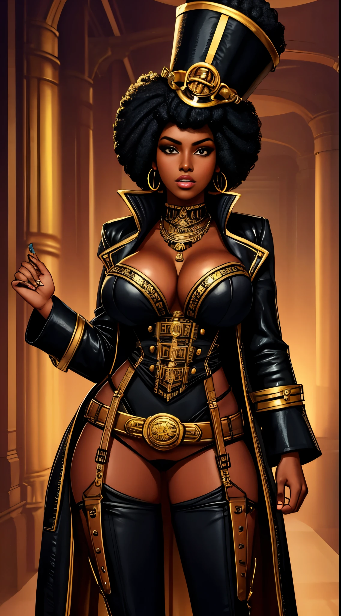 black woman, afrofuturism, sexly, slutty, dark skin, black skin, black hair, Steampunk, brass