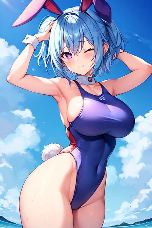 1girl, rabbit ears, light blue hair, very short hair, one eye closed, purple eyes, large breasts, thick thighs, beach, blue hair, smile, animal ear fluff, (animal ear fluff), animal ears, (animal ears), hourglass figure, bare legs, one-piece swimsuit, competition swimsuit, blue one-piece swimsuit, red trim, red line,