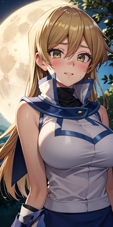 1 Female,High definition,high resolution,Ultra-realistic,8K, 8K, ta1,blonde hair,long hair,yellow eyes, white jacket, sleeveless, blue skirt,tight skirt , miniskirt,fingerless gloves,European,sexy,Upper body close-up,Photographed from the front,Dynamic Angles,(blush), big tits , happy, wink the eye,facial, sweat,multicolored hair , outdoors, moonlight, night ,leaf , windy,tree background 