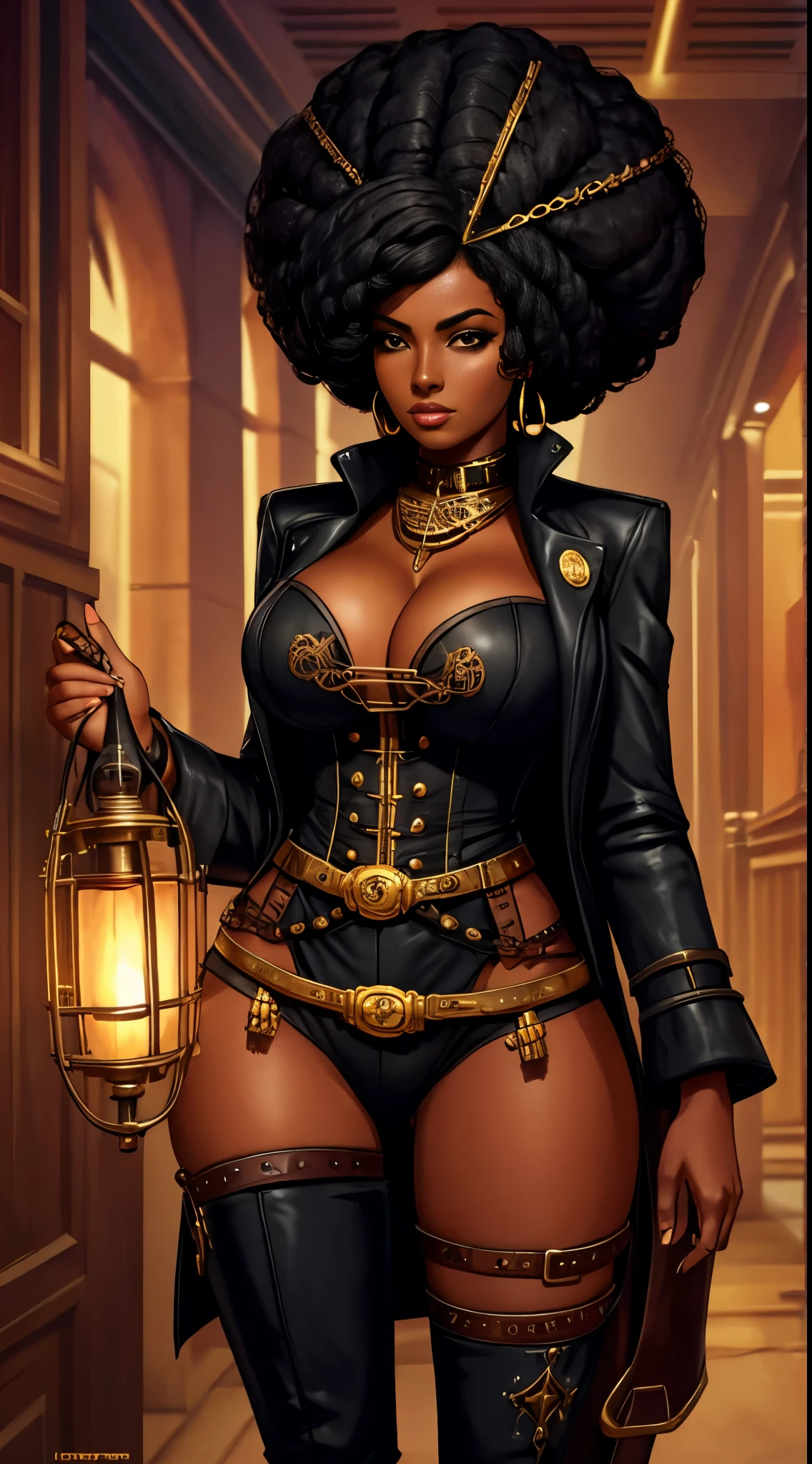 black woman, afrofuturism, sexly, slutty, dark skin, black skin, black hair, Steampunk, brass