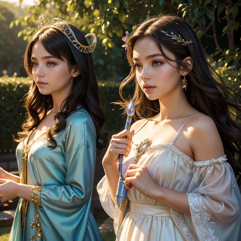 (masterpiece, best quality:1.5), highest quality, High resolution, super detailed, Realists, Upper body photo of a brunette sorceress, detailed and beautiful eyes, beautiful detailed lips, very detailed eyes and face, longeyelashes, shiny satin dress, Holding a magic wand in your hand and performing a transformation spell, Magic wands present and shining, Beautiful and colorful makeup, elegant and noble々The jewelry bag, Gardens as background, soft daylight, bright colors, fine brushstrokes, Portrait style, Silk dress fabric, beautiful color palette, glowing skin, First-class rendering, that captures every detail, enchanting atmosphere, subtle shadows and lights, (perfect anatomy:1.2), (The two breathtaking sorceresses transform flowers into jewelry (a transformation with a magic wand:1.4), (magnificent panorama view:1.2)