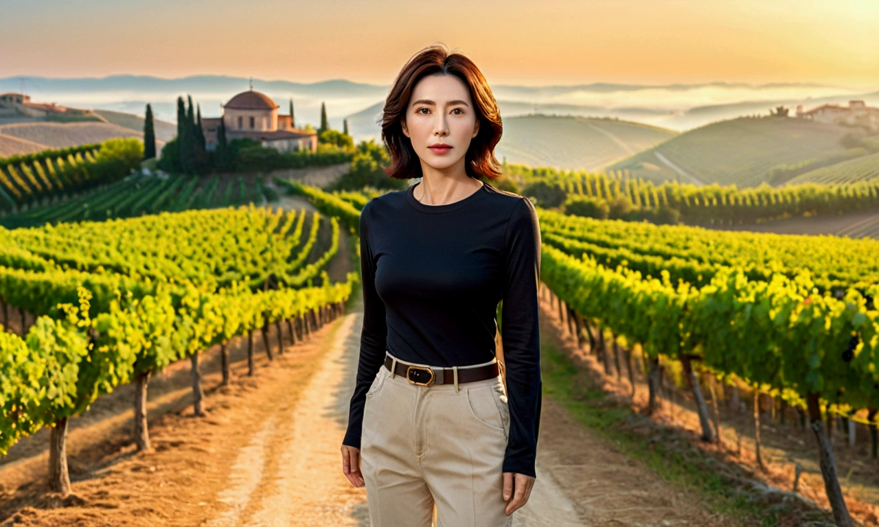 A 50-year-old Korean woman with short and medium hair wearing a luxury brand long-sleeved shirt., There are wrinkles around the eyes. short and petite, very beautiful.!, Get inspired by Son Ye-jin, 8K vertical rendering, photo realistic beautiful face, big eyes,double eyelid, black eye, Wear a dark round neck t-shirt. beige jean pants. Warm light in vineyards at dawn in rural Italy, The morning sun shines beautifully. Standing on a curved path. (digital painting, HDR, high contrast),, (best quality:1.4, 8k 3D, 45,000,000,000,pixel,),(masterpiece:1.3),(sharp focus:1.2),(Full body shot with Canon camera 16-35 wide angle lens, 포도 밭이 내려다 보이는 언덕 위 Standing on a curved path, 32 inches, A woman of and short stature, A cathedral can be seen in the distance through thick fog.