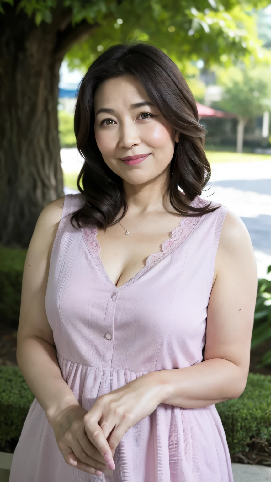 最high quality, In 8K, Masseter region, Real, Sharp focus, high quality, High resolution, Detailed face, Detailed eyes, Thick lips, (Look at the viewers), alone, Middle-aged women, , 60 years old, , Wavy Hair, Cleavage, Wearing a plain short-sleeved knit, Afternoon in front of the park garden, Wrinkles around the eyes, Smiling with teeth showing