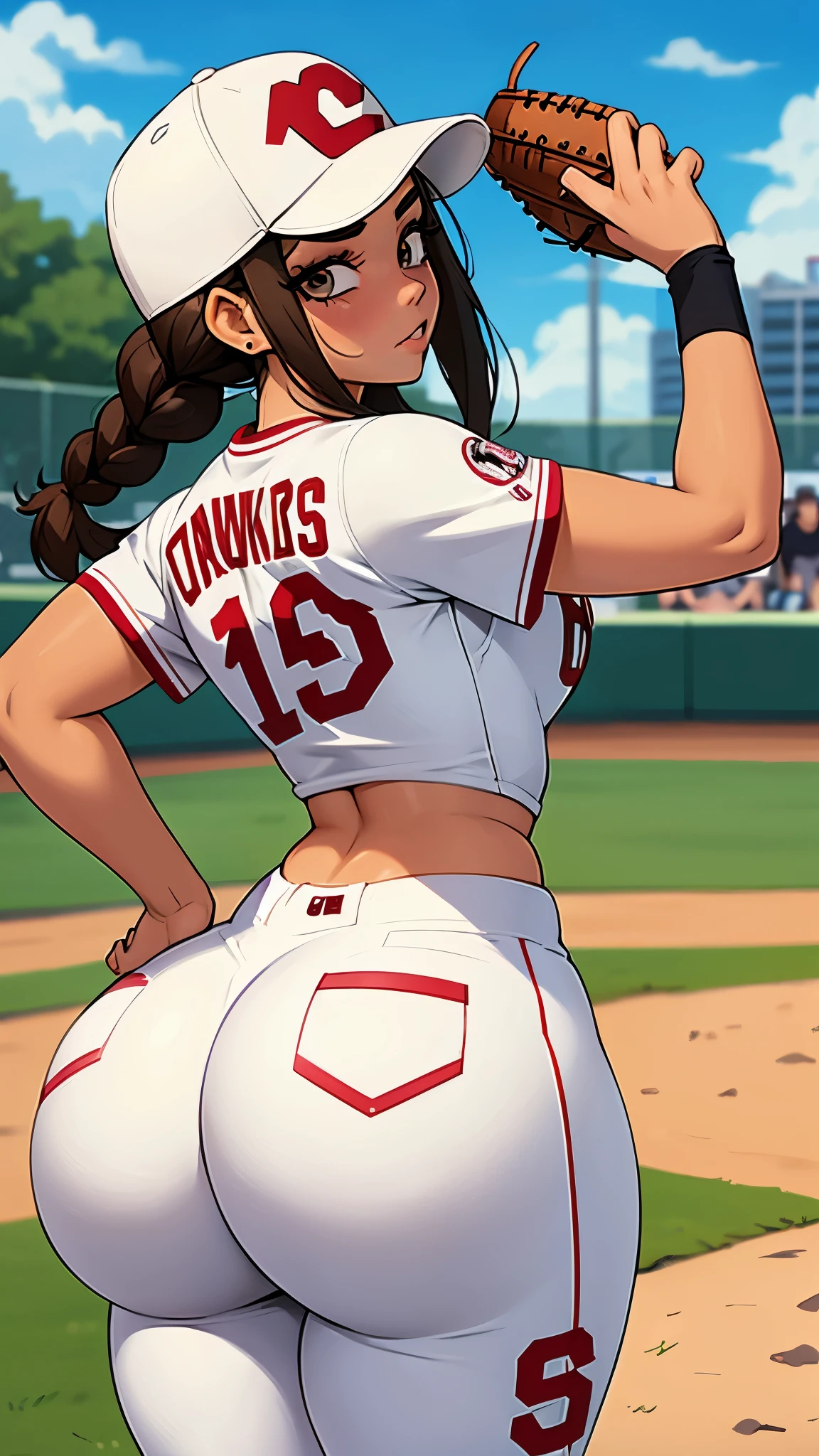 Back to camera Baseball player,White uniform, baseball cap, brown braids hair, curvy, thin waist, juicy ass