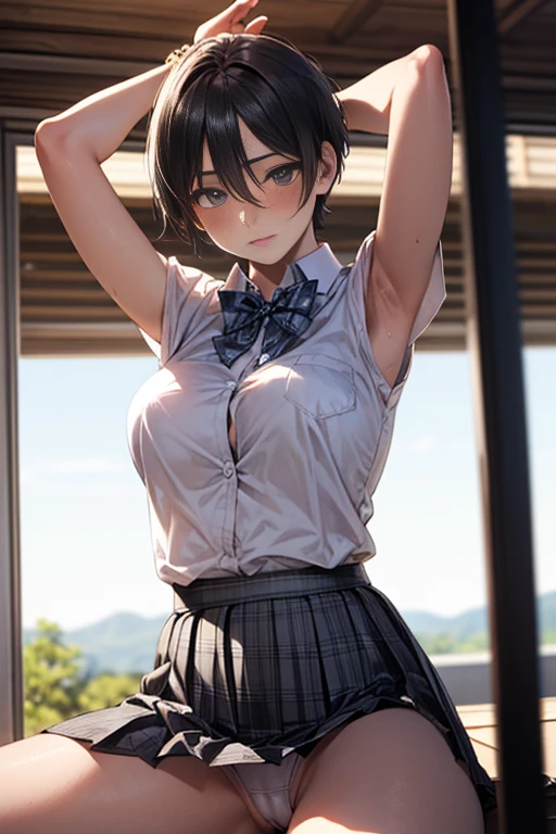 (masterpiece:1.2, highest quality), (realistic, photorealistic:1.4), beautiful illustrations,
looking at the viewer, whole body, Front view:0.6,
1 girl, Japanese, high School girl, ((ultra-short hair:1.5)), blown hair, bangs, hair between eyes, big breasts:2.0,
beautiful hair, beautiful face, beautiful and detailed eyes, beautiful clavicle, beautiful body, beautiful breasts, beautiful thighs, beautiful feet, beautiful fingers,
(beautiful scenery), , School,
(( Grey plaid pleated skirt, Blue plaid bow tie)), white panties,
(Are sitting with knees up , the upper body is underwear, lift the skirt, Grab the hem of the skirt, open legs、raise her arms and show her armpit directly),
blush, Fleshy thighs,cameltoe、カエル座り