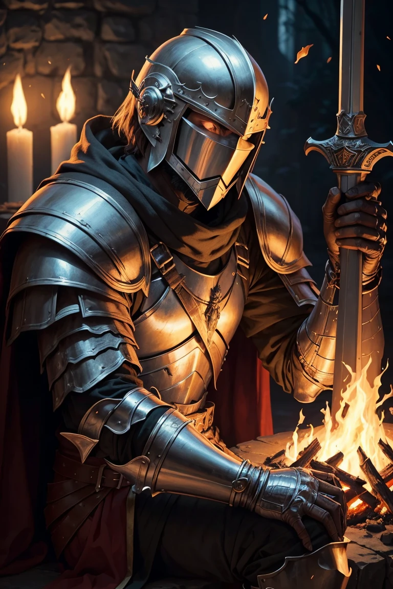 a dnd human echo knight resting near a bonefire holding his sword, helmet on but looking at bonfire as that he's resting, finally safe from cruel and dark woruld around him, dark fantasy settings. Make sure that athmosphere is properly displaying dark world 