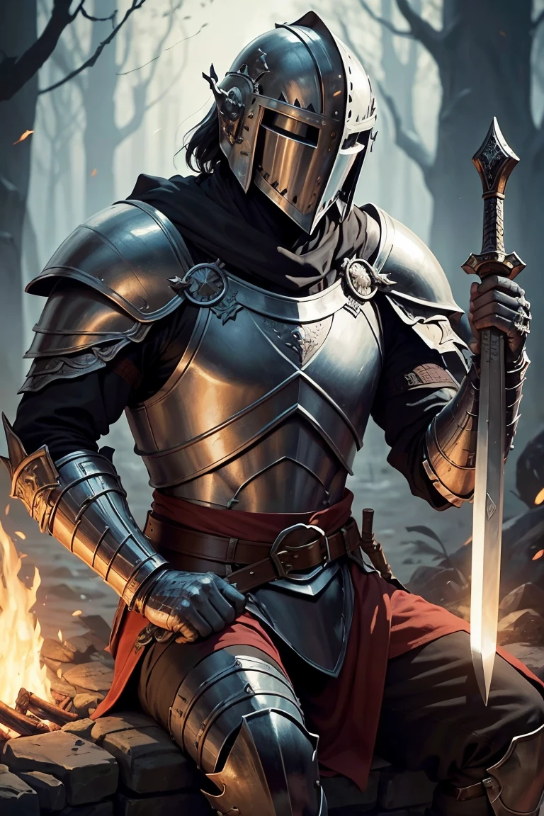 a dnd human echo knight resting near a bonefire holding his sword, helmet on but looking at bonfire as that he's resting, finally safe from cruel and dark woruld around him, dark fantasy settings. Make sure that athmosphere is properly displaying dark world 