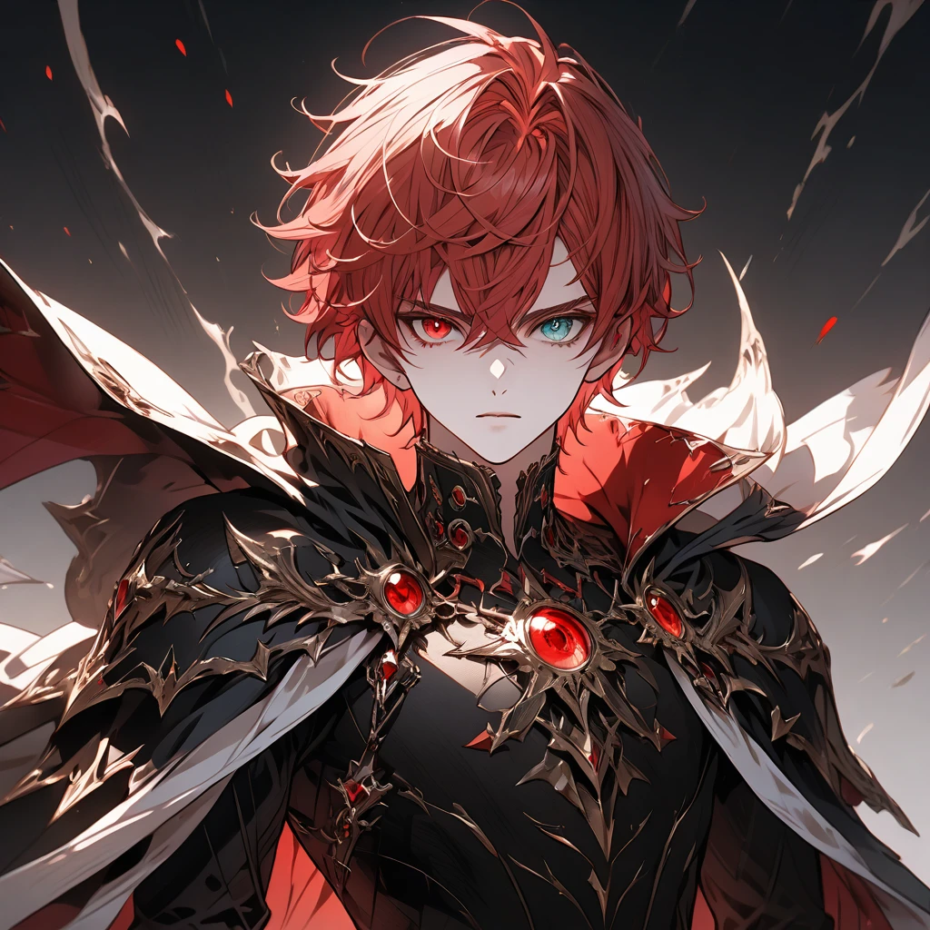 male face, red hair, heterochromia, green and red eyes, extremely detailed eyes, perfect eyes, extremely detailed face, black overcoat, powerful cape, RPG style, broad shoulders, upright posture, facing the image, no light in the image, no shadows in the image, white character background, 8k, ultra-high quality, extremely detailed, perfectly detailed.