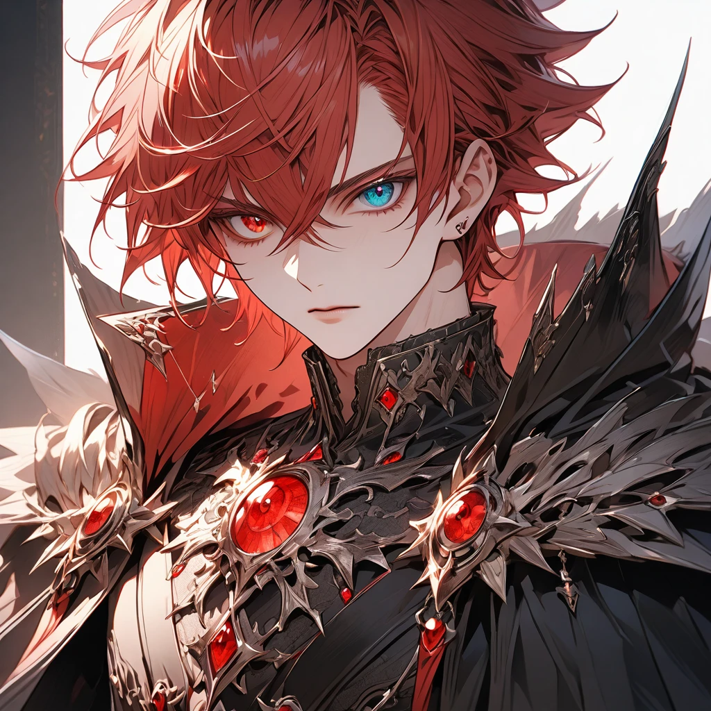 male face, red hair, heterochromia, green and red eyes, extremely detailed eyes, perfect eyes, extremely detailed face, black overcoat, powerful cape, RPG style, broad shoulders, upright posture, facing the image, no light in the image, no shadows in the image, white character background, 8k, ultra-high quality, extremely detailed, perfectly detailed.