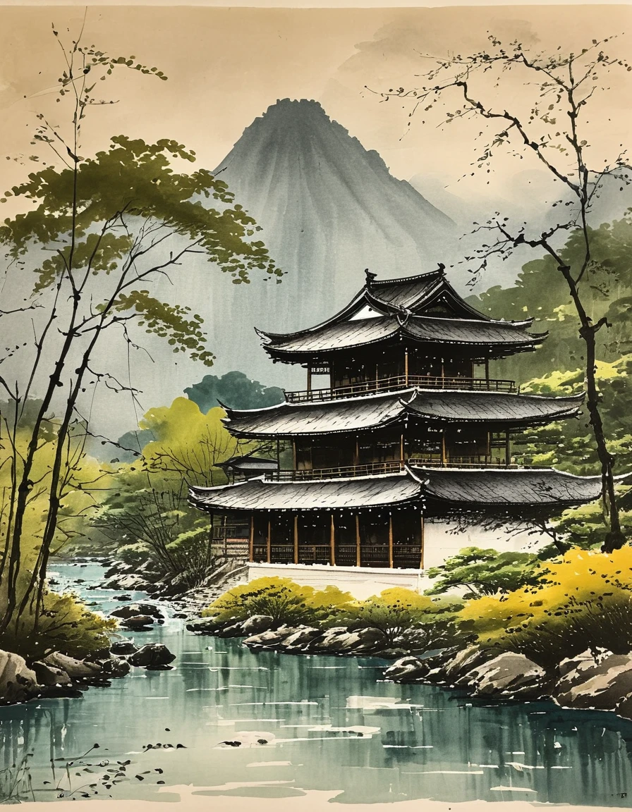 Ink painting of a Japanese Pagoda by river