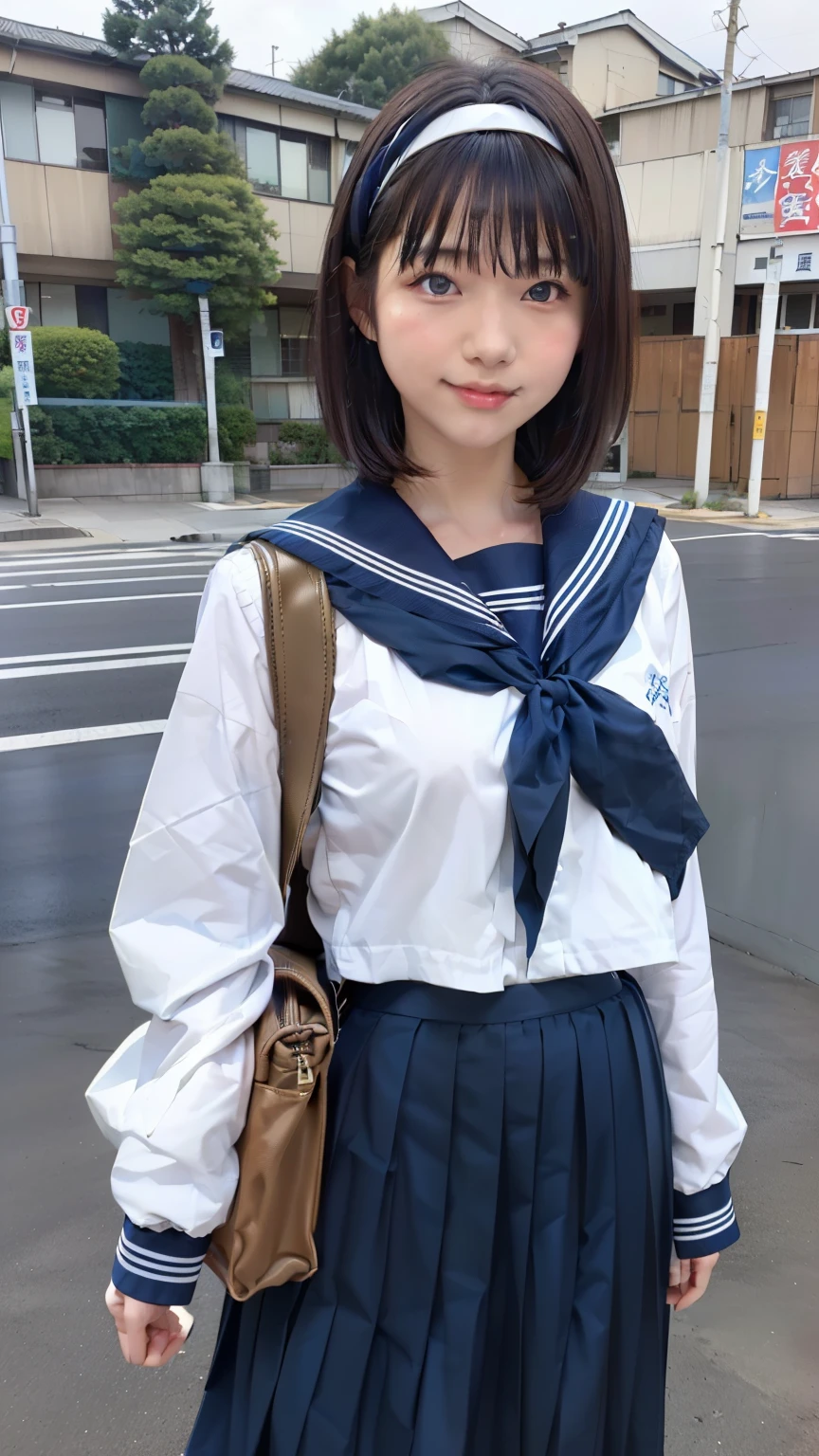 sailor uniform, One Woman, (Beautiful woman, delicate :1.3), Black Hair, bob cur hair, Patsun, 8k, Highest quality, masterpiece, Very detailed, Ultra-high resolution, Realistic, RAW Photos, Absolute Resolution, Black Hair, Navy blue sailor uniform, (Navy blue pleated skirt:1.4), Realistic high school girl, (White headband:1.4), Small breasts, expensive, Bright Blue Eyes, (In front of the school gate), smile, (standing pose:1.4), (one school bag on shoulder:1.4), (very long skirt:1.4), (小さくジャンプ:1.4),