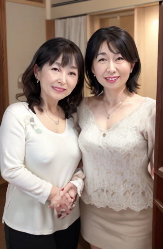 75歳の美しい成熟した日本人2 women,(2 women:1.5), Married women, Long eyelashes, Bob Hair, Red lipstick, Pink Cheeks, Pearl Necklace, Earrings, Dark eyeshadow, Cleavage, Black short tight skirt,White shirt,Hotel Rooms,