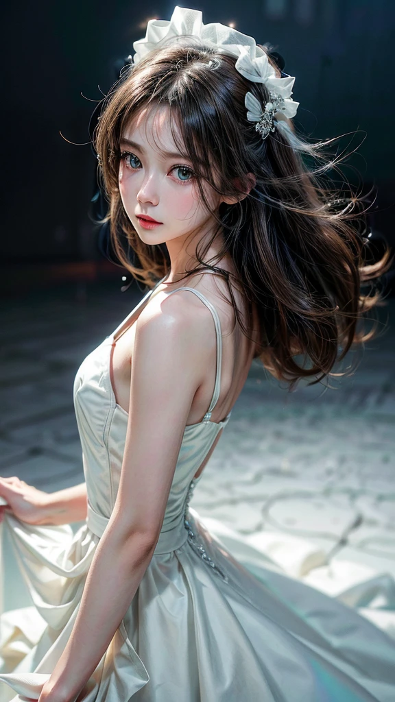 classy girl in a white dress dancing around, simple plain background, realistic style, attention to detail and sharp focus, colors are vivid and contrasted, a slight desaturation, a touch of photo-realistic elements, texture to the image, The final result is a masterpiece in ultra-high resolution,