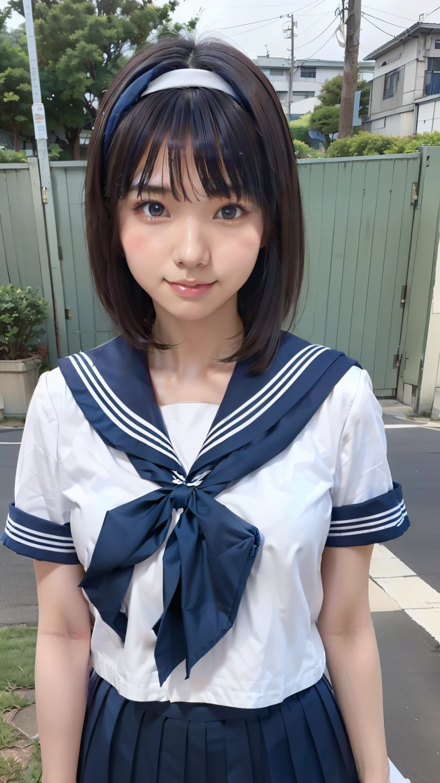 sailor uniform, One Woman, (Beautiful woman, delicate :1.3), Black Hair, bob cur hair, Patsun, 8k, Highest quality, masterpiece, Very detailed, Ultra-high resolution, Realistic, RAW Photos, Absolute Resolution, Black Hair, Navy blue sailor uniform, (Navy blue pleated skirt:1.4), Realistic high school girl, (White headband:1.4), Small breasts, expensive, Bright Blue Eyes, (In front of the school gate), smile, (standing pose:1.4), (one school bag on shoulder:1.4), (very long skirt:1.4), (小さくジャンプ:1.4),