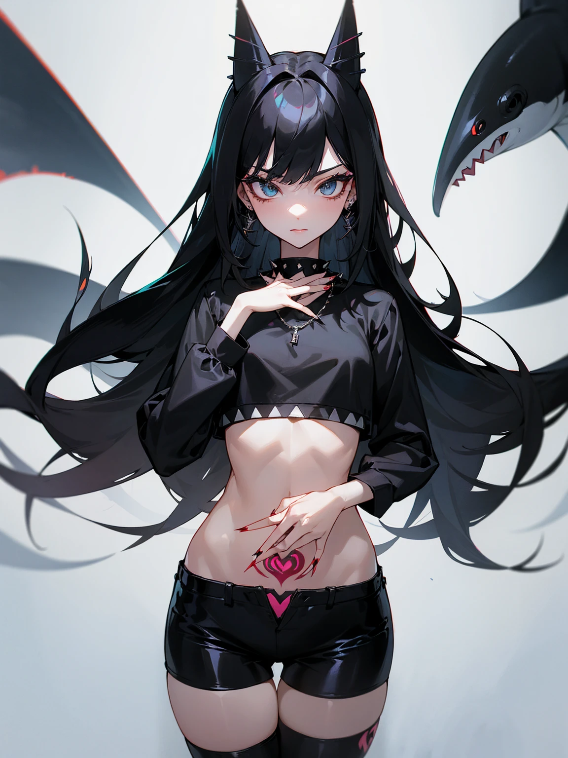 ((Long Straight Black hair)), Perfect face, Choker, Punk earrings, ((Tall)), ((High Quality)), Necklace, ((Mature)), Pretty Eyes, Sharp Nails, Bangs, ((1 Girl)), ((Multiple Earrings)), 1 girl, Spiky Earrings, Adult, Spiked Collar, Thin Eyelashes, Black Background, Red Colors in Background, Vampire Girl, Long Tail, Large Tail, Shark Tail, ((Short Pants)), ((Long Sleeve Crop Top)), Close Up, Tall, Long Legs, Dynamic Pose, Black Tail, 2 moles under left eye, Pantyhose, Vibrant Colors, Close Up, Sexy, Suggestive, Sexually Suggestive, Thick, Thick Body, Skinny, Black Thigh Highs, Teasing, Ponytail, Slender Body, Stylish, NSFW, Naked, Nipples, Vagina,