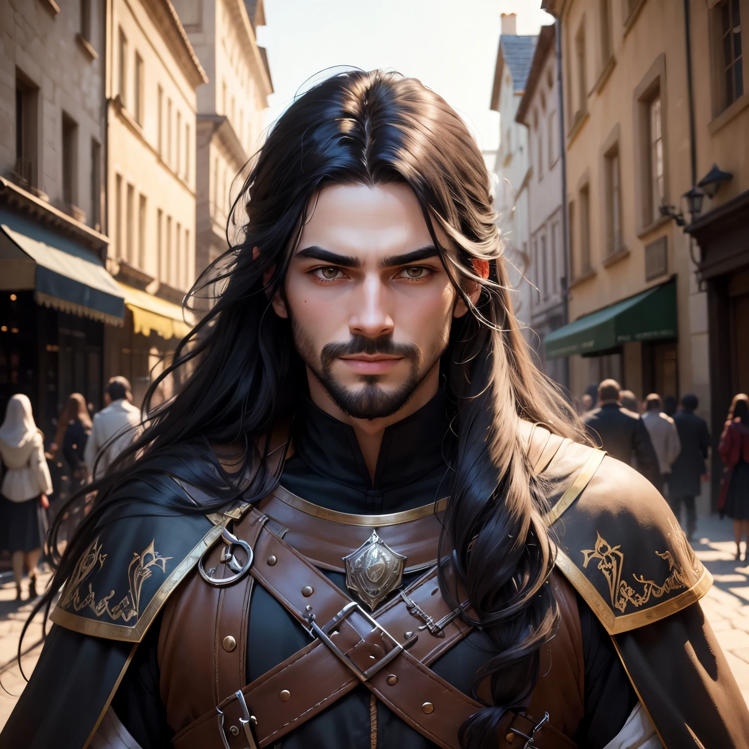 ((best qualityer)), ((work of art)), (detailded), 8k, 4K, hight contrast, work of art, Meticulous attention to facial features and hair strands , an adventurous man with long straight black hair,barba ,black mantle,layer , fully body ,battle costume ,slightly-smile,in the background medieval city ,clear lighting, detailed shadows