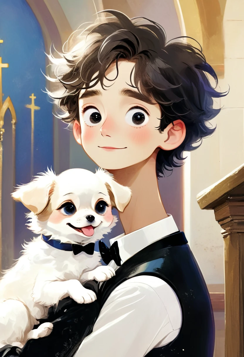 (masterpiece, Highest quality:1.2), 1 boy, Lonely, Big eyes,Fluffy hair, tuxedo,puppy,happiness,Happy,church,Rough texture,Hand-drawn style,