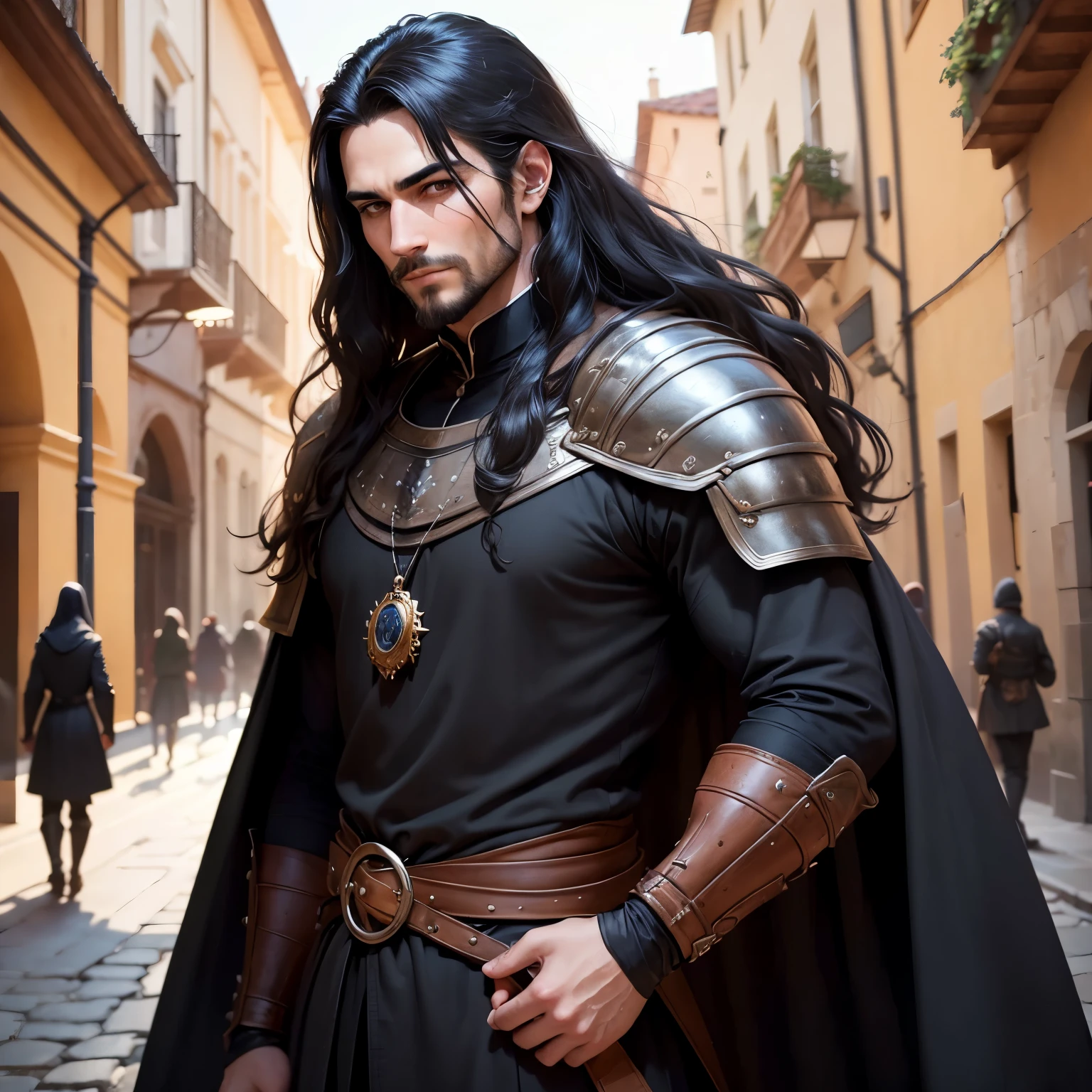 ((best qualityer)), ((work of art)), (detailded), 8k, 4K, hight contrast, work of art,  Meticulous attention to facial features and hair strands , an adventurous man with long straight black hair,barba ,black mantle,layer , fully body ,battle costume ,slightly-smile,in the background medieval city  ,clear lighting, detailed shadows 