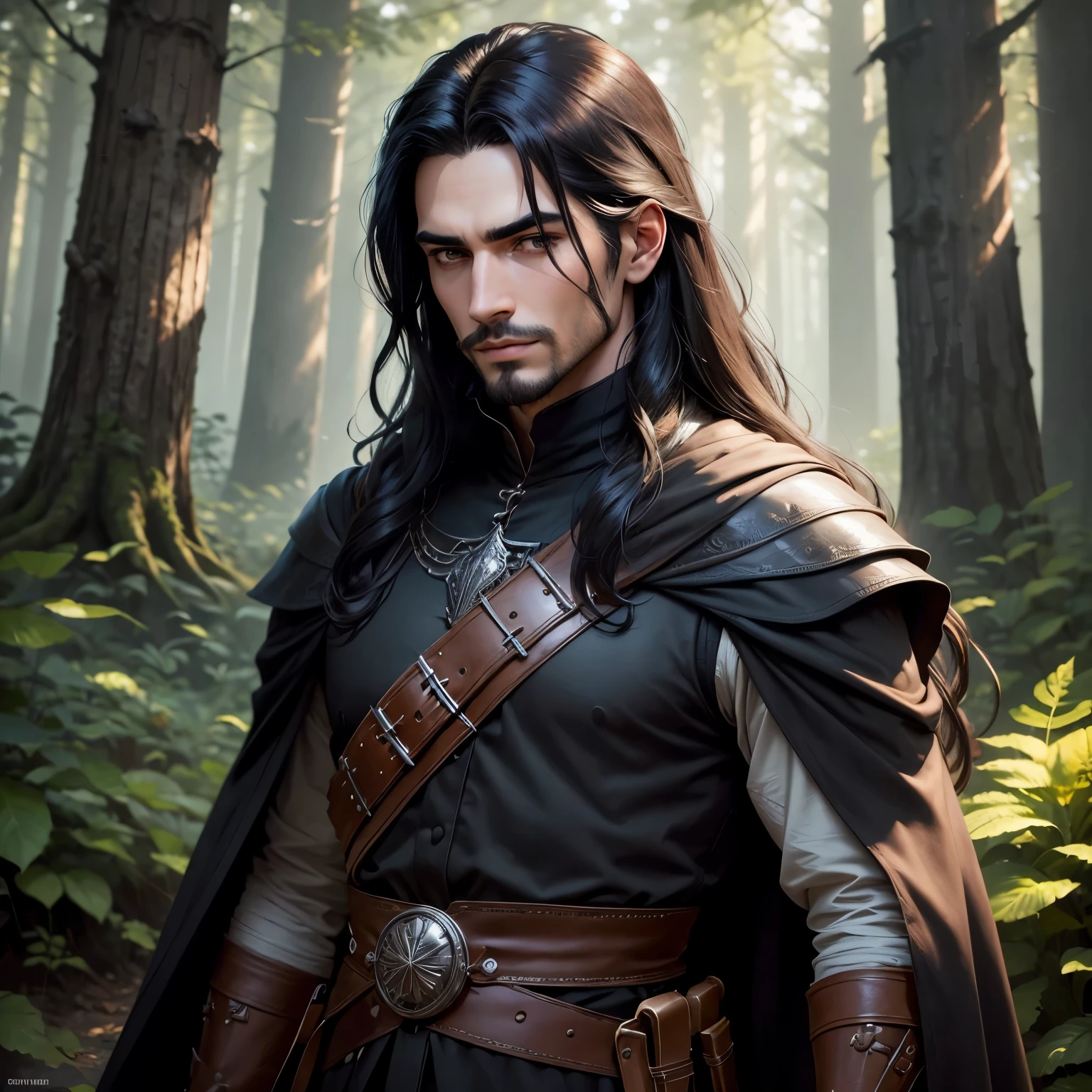 ((best qualityer)), ((work of art)), (detailded), 8k, 4K, hight contrast, work of art, Meticulous attention to facial features and hair strands , an adventurous man with long straight black hair,barba ,black mantle,layer , fully body ,battle costume ,slightly-smile,in the background forest ,clear lighting, detailed shadows