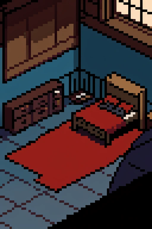 Make a scenario with an aerial view of a room in the style of Bloodborne and Darks Souls, I repeat, aerial view, more specifically, like Pokémon Fire Red from Game Boy Advance.