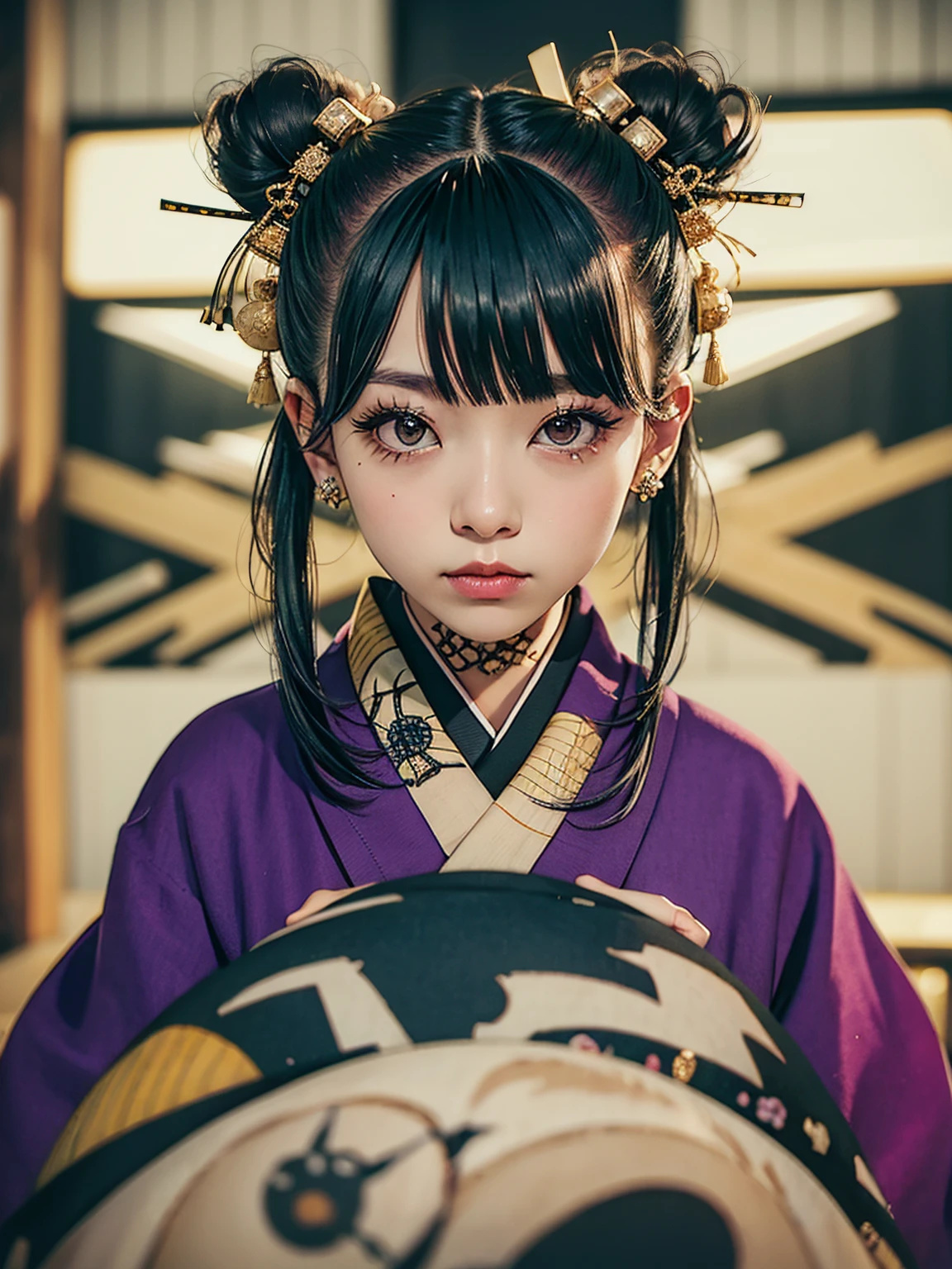 masterpiece, Highest quality, A solemn Japanese-style room with tatami mats, A large photograph of a woman from head to waist, (Close up on face:1.5), (Punk rock kimono, black地に赤＋gold:1.3), Squatting and spreading legs, Open your mouth, Glare, (black＋Purple hair color, Mid-length hair, Twin tails), (blackい瞳, Sparkling eyes), (Long eyelashes, Eyelash extensions)