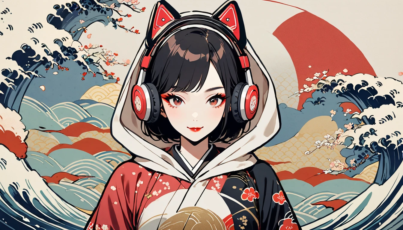 (((1 girl))), (((seiza))), (((front view))), (((Flashy makeup))), (((Japanese style headphones))), (((Japanese pattern hoodie))), (((Put on the hood))), smile, Japan人の美少女, Black Hair, Bob, Delicate and precise, Modern ukiyo-e style,Japan, Japanese flag, vivid color