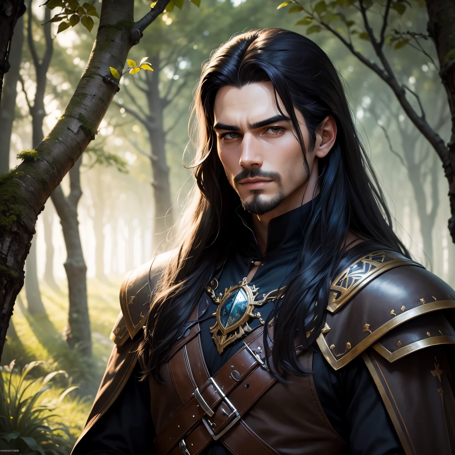 ((best qualityer)), ((work of art)), (detailded), 8k, 4K, hight contrast, work of art, Meticulous attention to facial features and hair strands , an adventurous man with long straight black hair,barba ,black mantle,layer , fully body ,battle costume ,slightly-smile,in the background illuminated forest ,clear lighting, detailed shadows